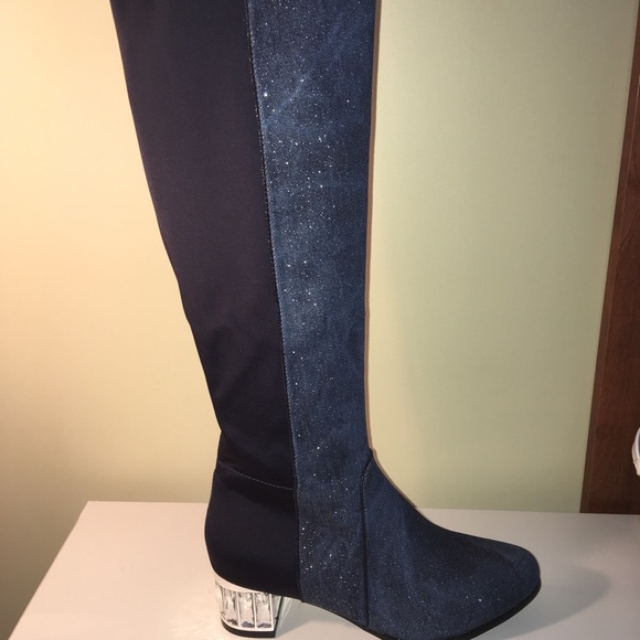 Denim with glitter stretch long boot